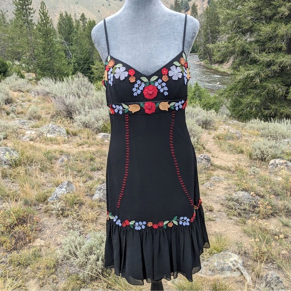 Sue Wong Dresses & Skirts - Vintage Y2K Sue Wong Black Silk Floral Applique Dress 8 Whimsigoth Embroidered
